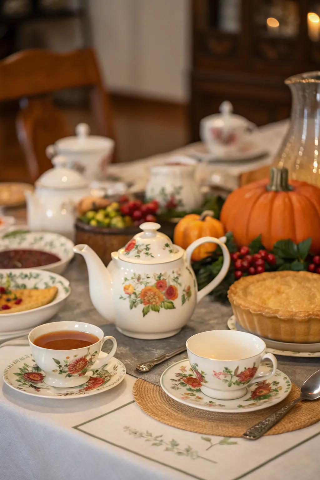 A refined tea party setting for Thanksgiving.