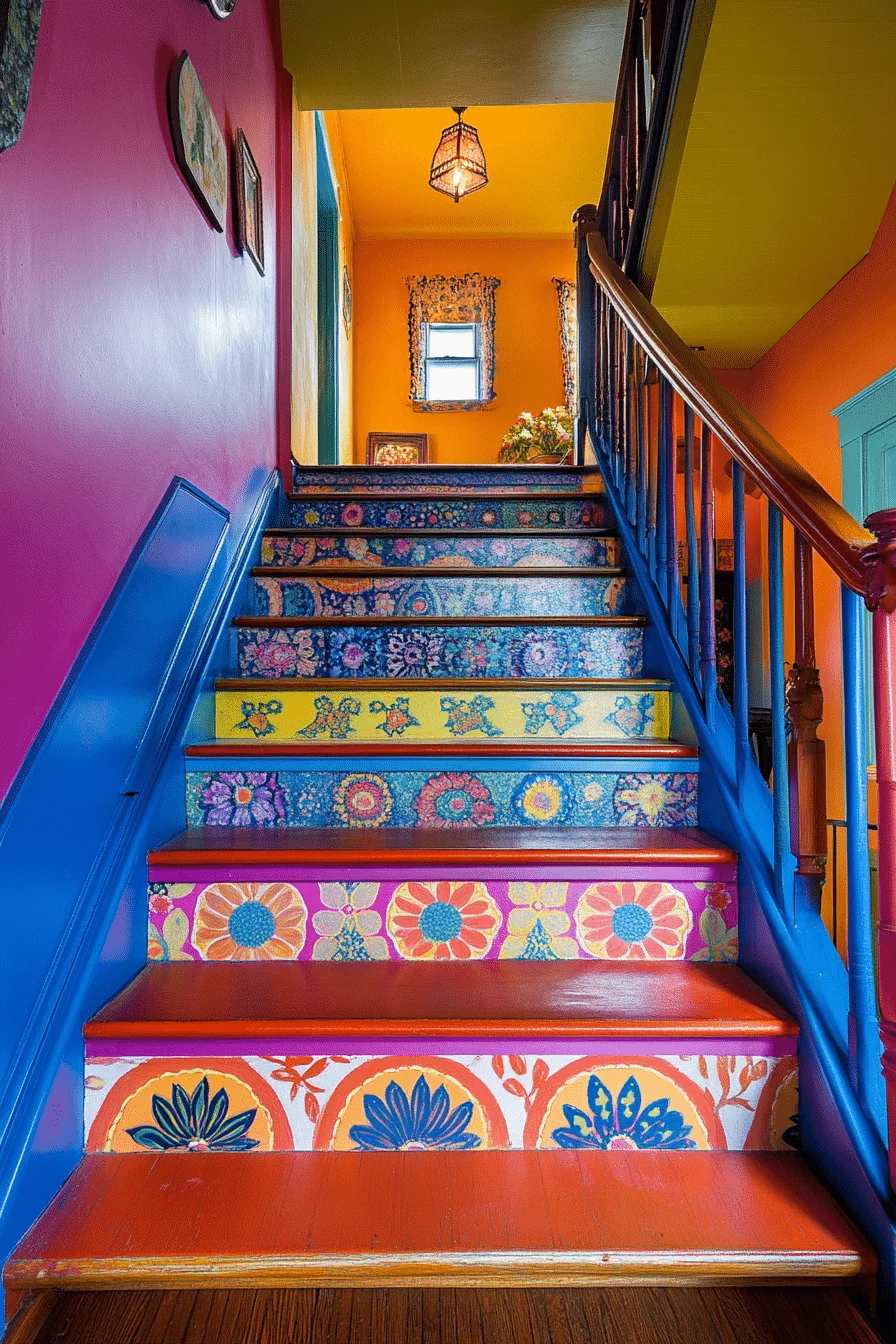 Colorful painted staircase risers