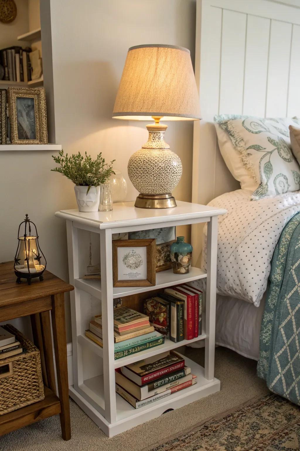 Shelving systems offer extensive bedside storage possibilities.