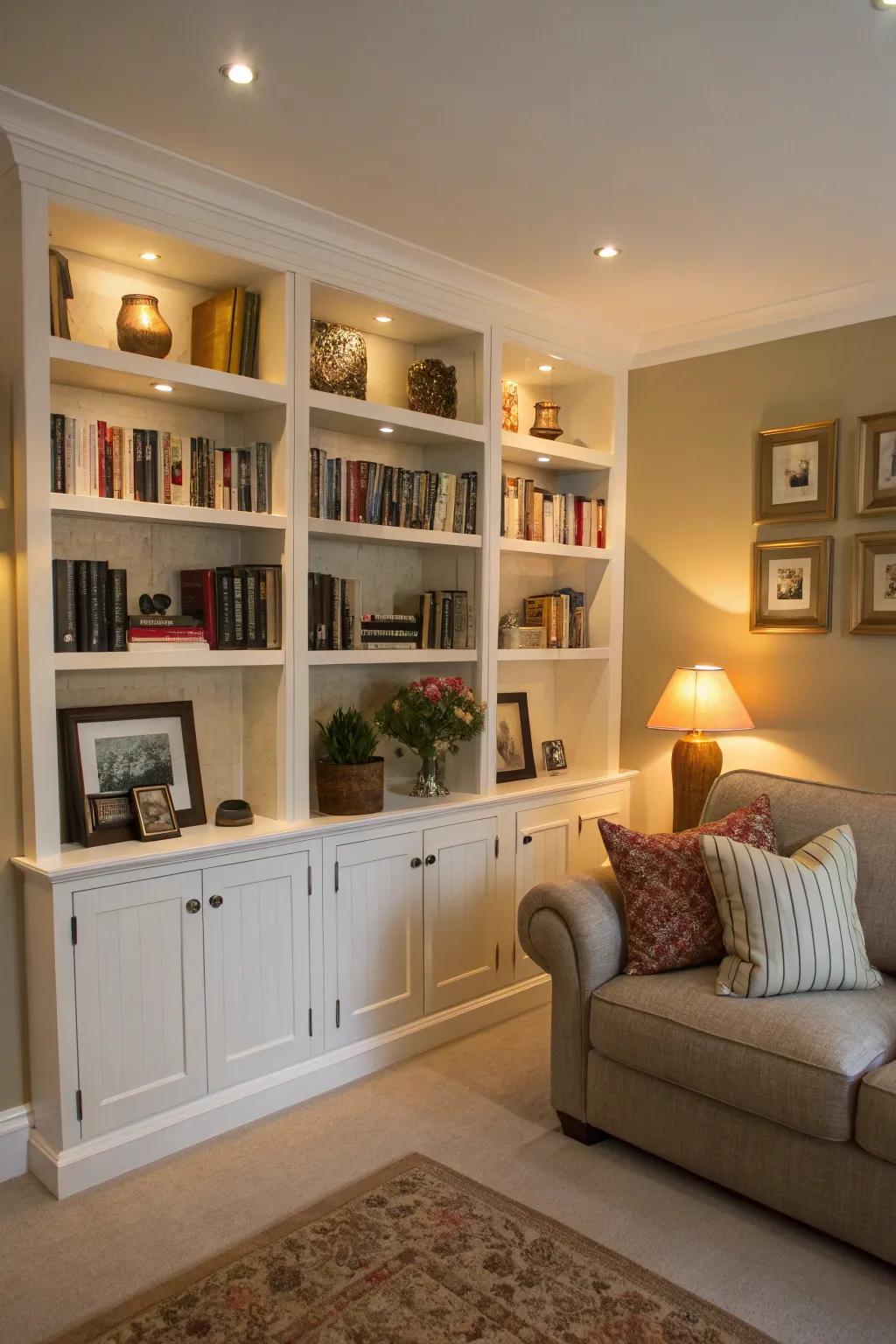 Built-in shelves elegantly maximize vertical dimensions.