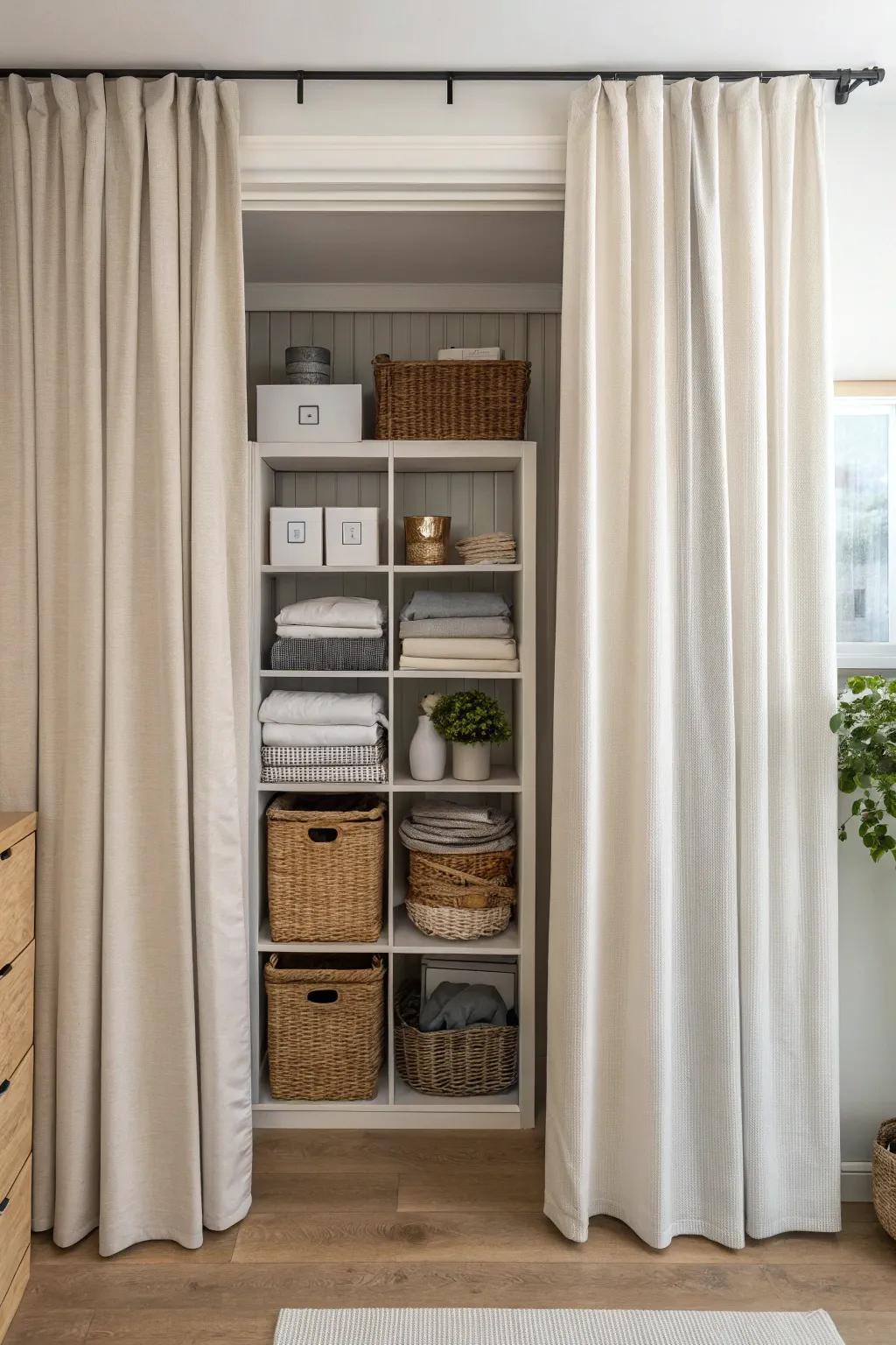 Curtains stylishly obscure storage areas.