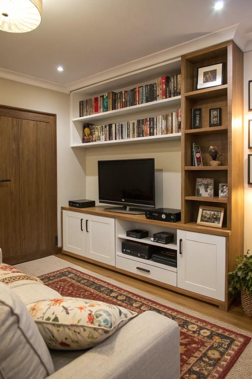 Entertainment centers merge aesthetic appeal with functional storage.