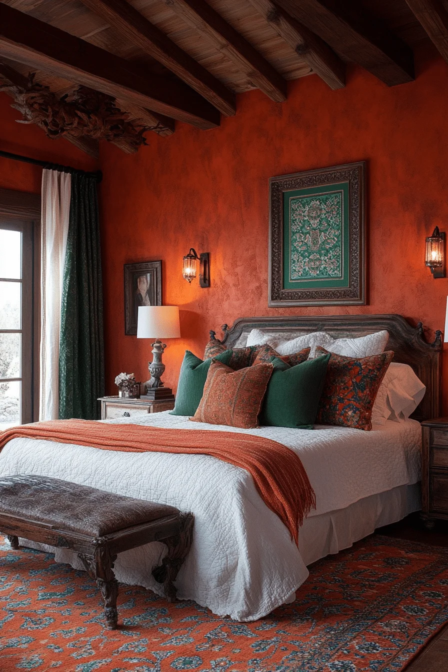 Warm Terracotta and Green Bedroom