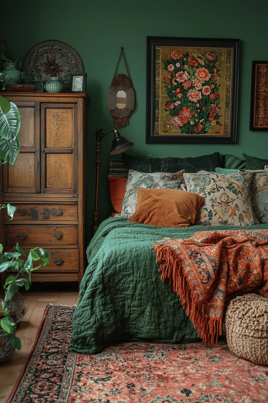 Eclectic Green and Terracotta Bedroom