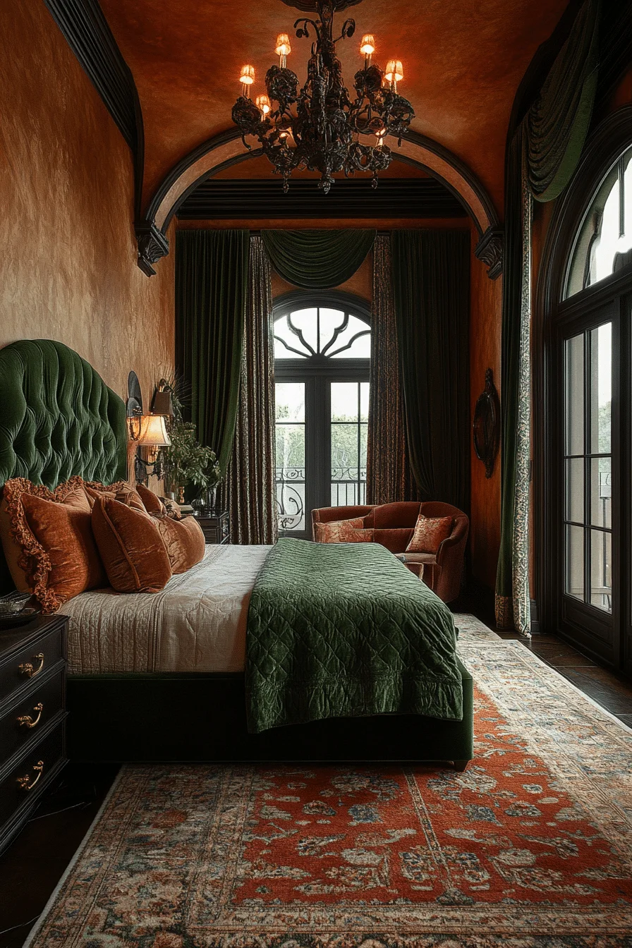 Green Velvet and Terracotta Bedroom