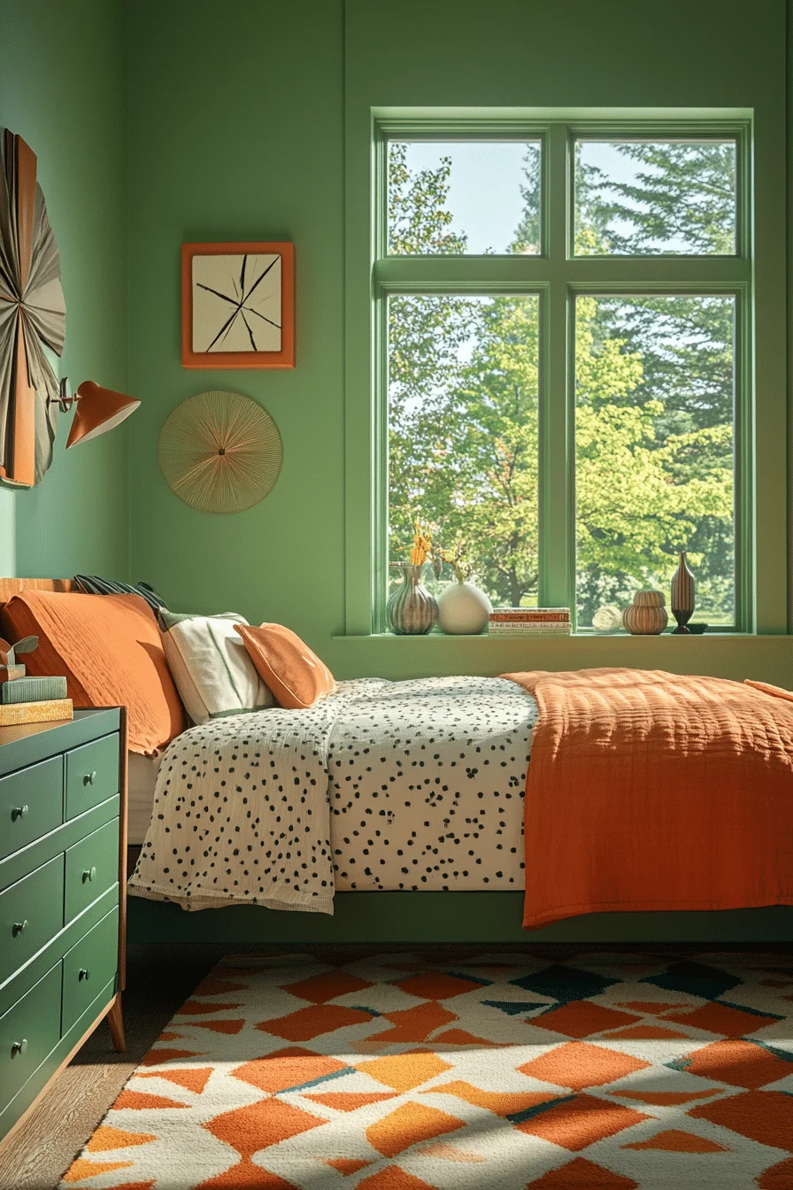 Mid-Century Modern Green and Terracotta Bedroom