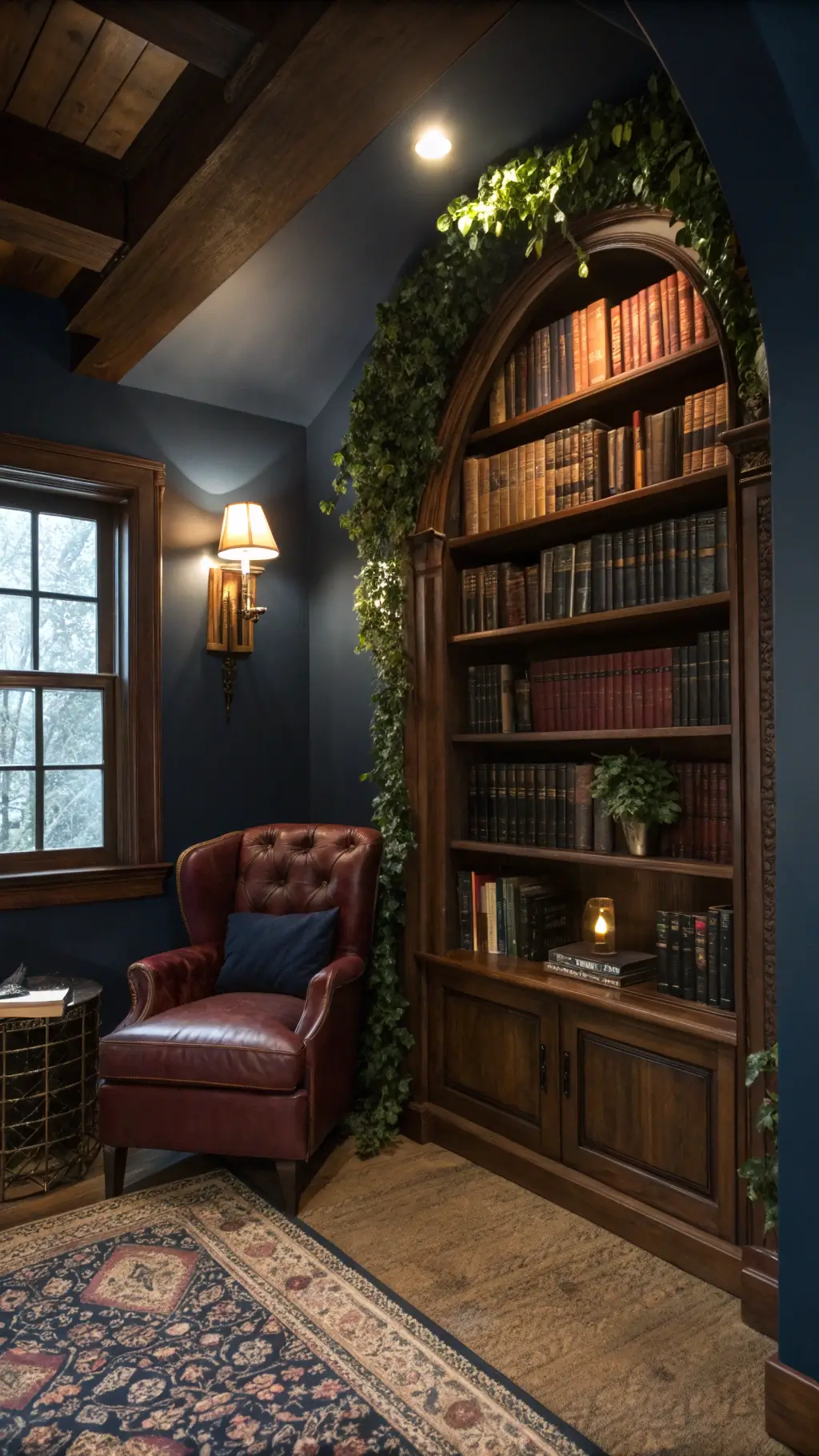 Gothic reading nook with mahogany bookshelf, burgundy chair, and fairy lights