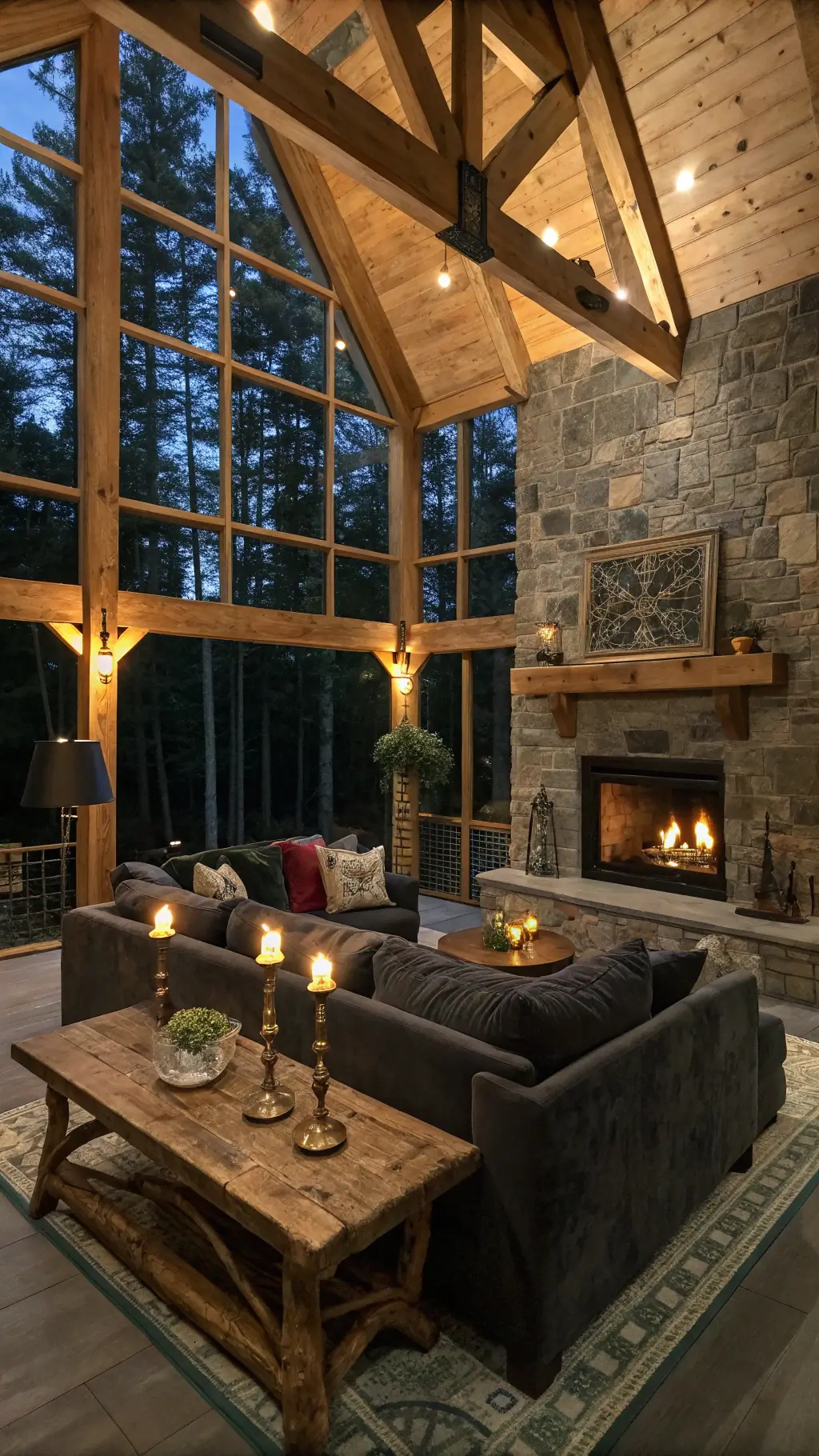 Rustic living room with exposed beams, stone fireplace, and dark green walls
