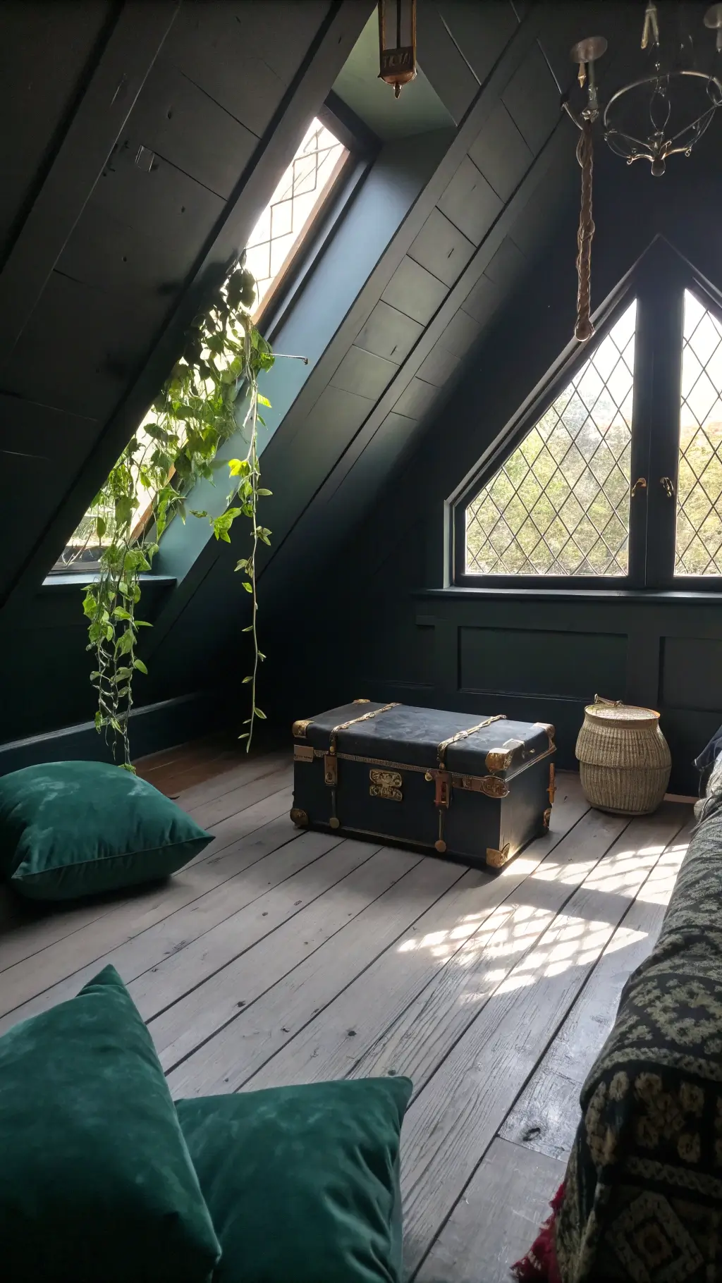 Cozy attic space with diamond-paned windows, charcoal ceiling, vintage trunk coffee table, and emerald cushions