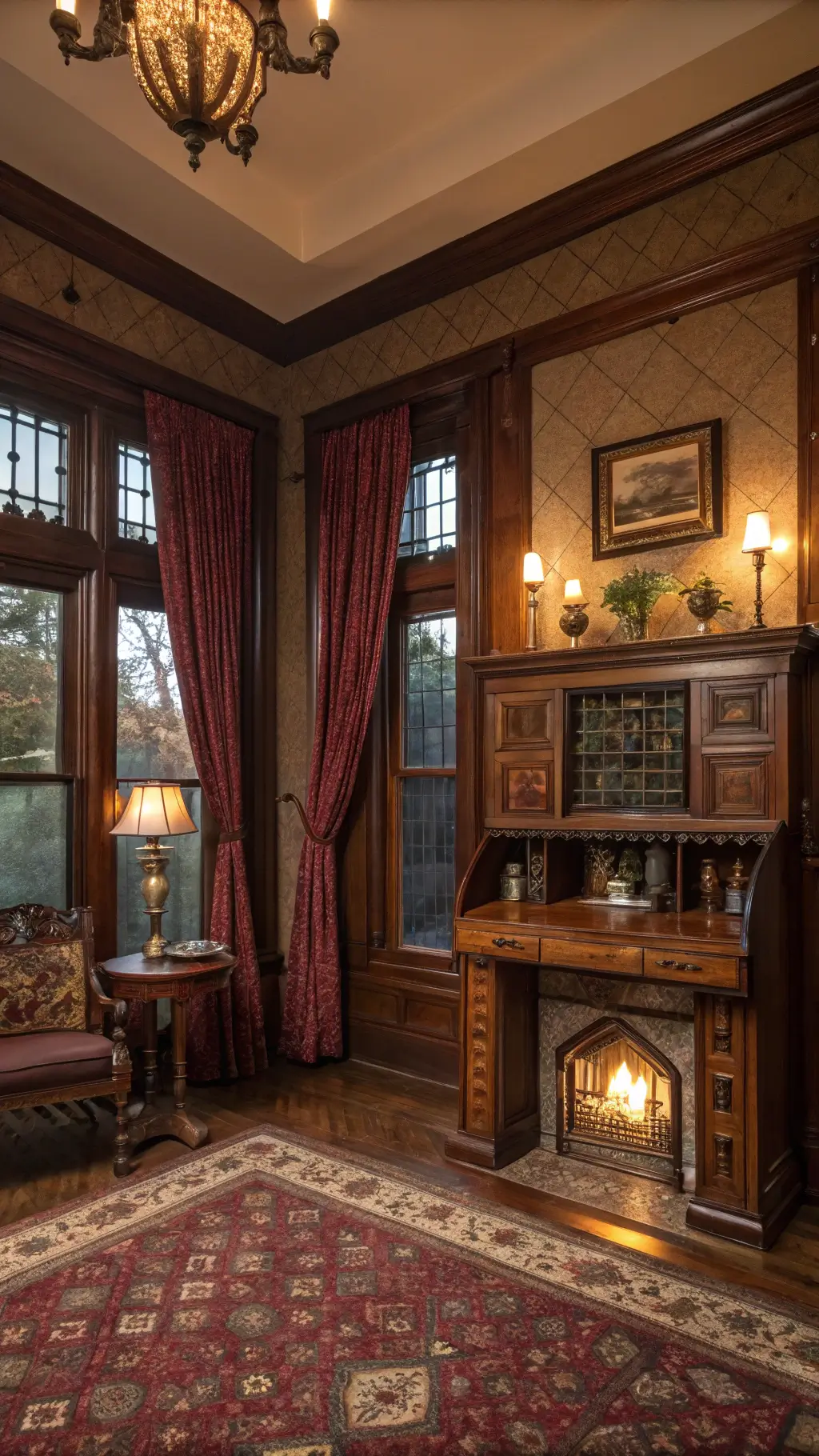 Victorian sitting room with antique fireplace, wine-colored curtains, and dried floral arrangements