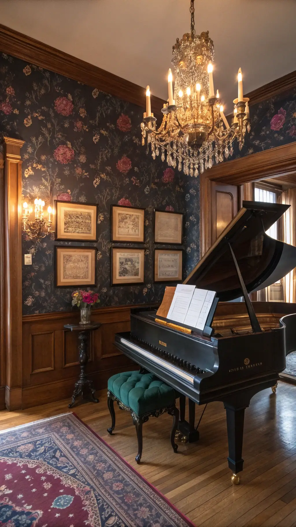 Elegant music room with ebony piano, dark floral wallpaper, crystal chandelier, and velvet seating
