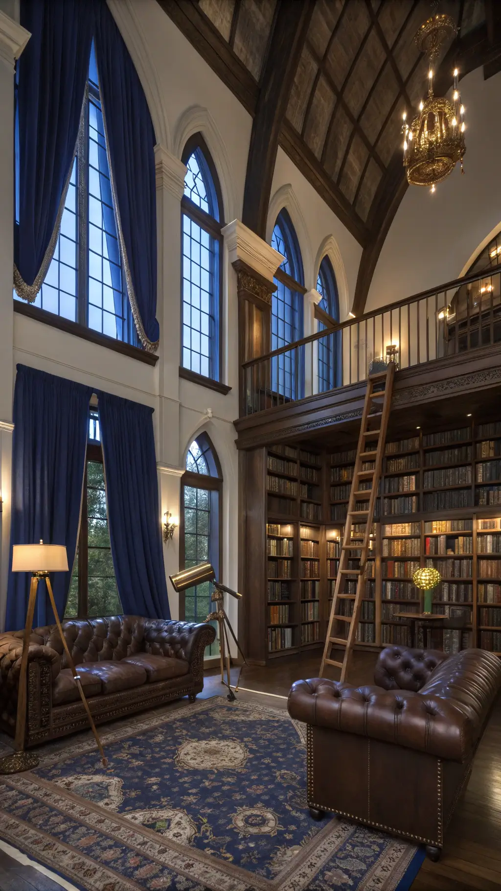 Grand room with cathedral ceiling, gothic windows, Chesterfield seating, and vintage globes