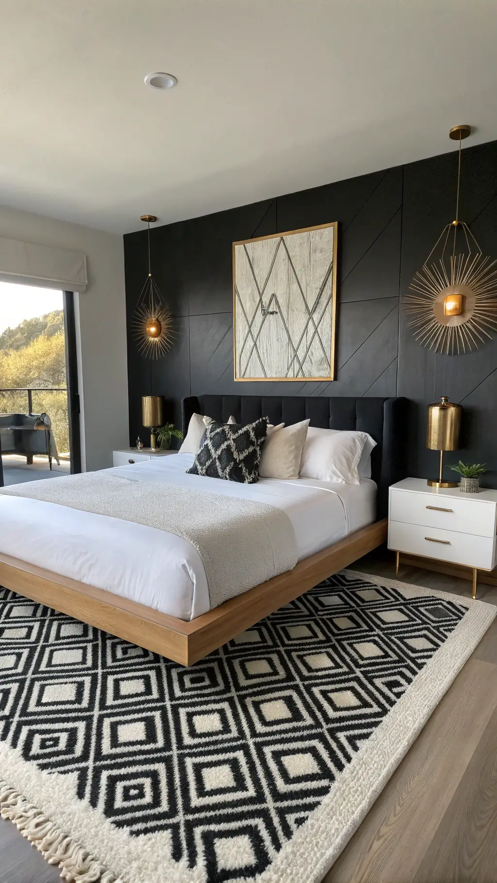 Modern bedroom with a black feature wall, floating platform bed, monochrome rug, gold sconces, mirrored side tables, and abstract artwork bathed in warm golden hour light.
