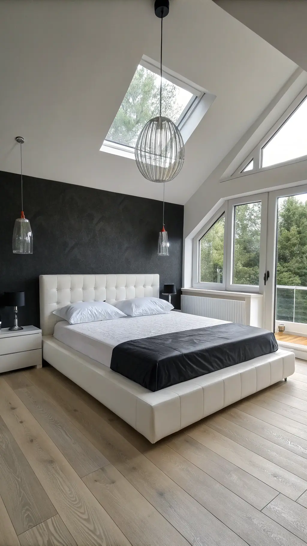Minimalist bedroom with charcoal accent wall, white platform bed, black leather headboard, white oak floors, and chrome pendant lighting illuminated by morning sun.