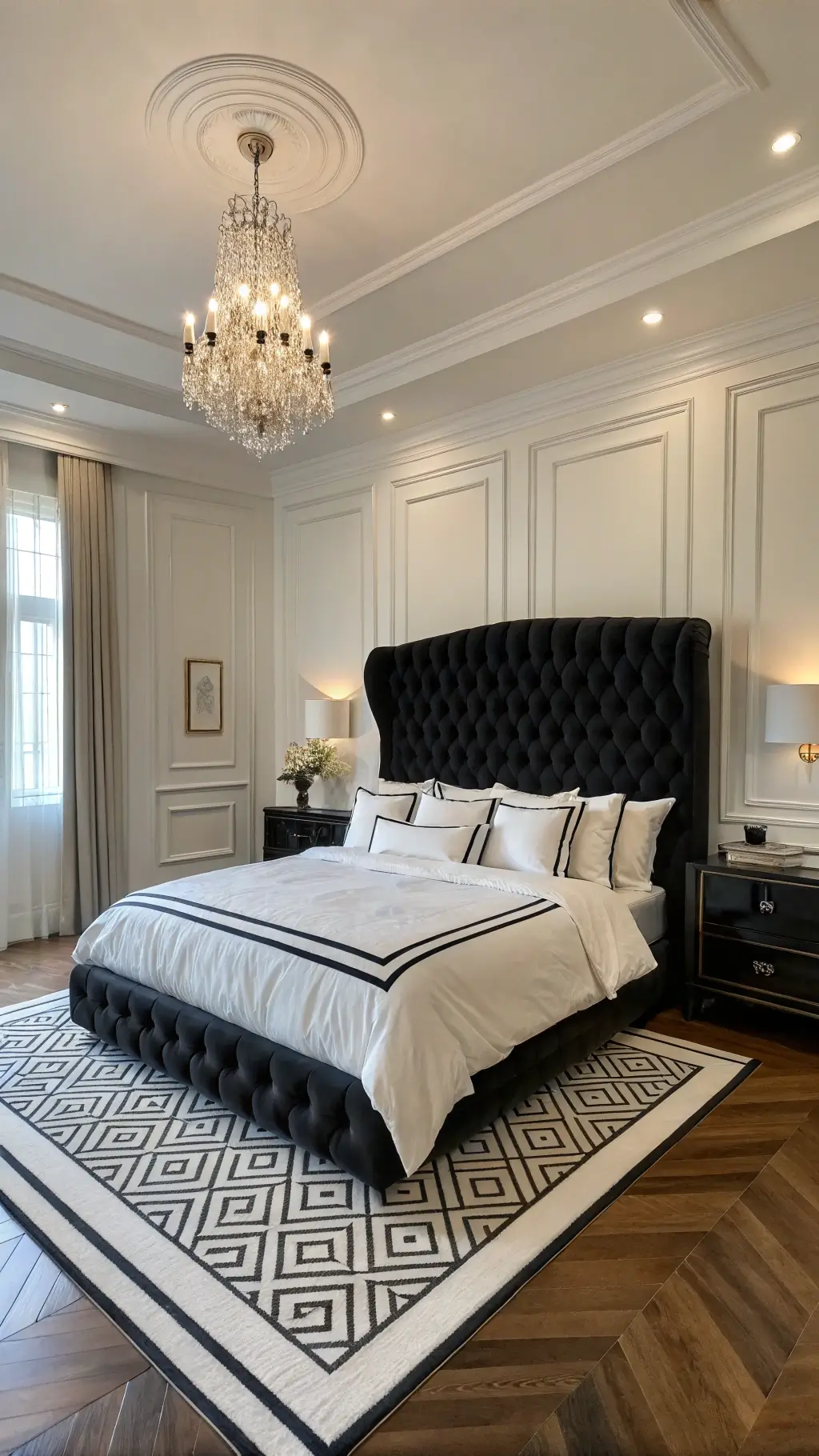 Luxurious master suite with black velvet wingback headboard, white silk bedding, ethereal chandelier, white walls, and herringbone hardwood floor with geometric rug.