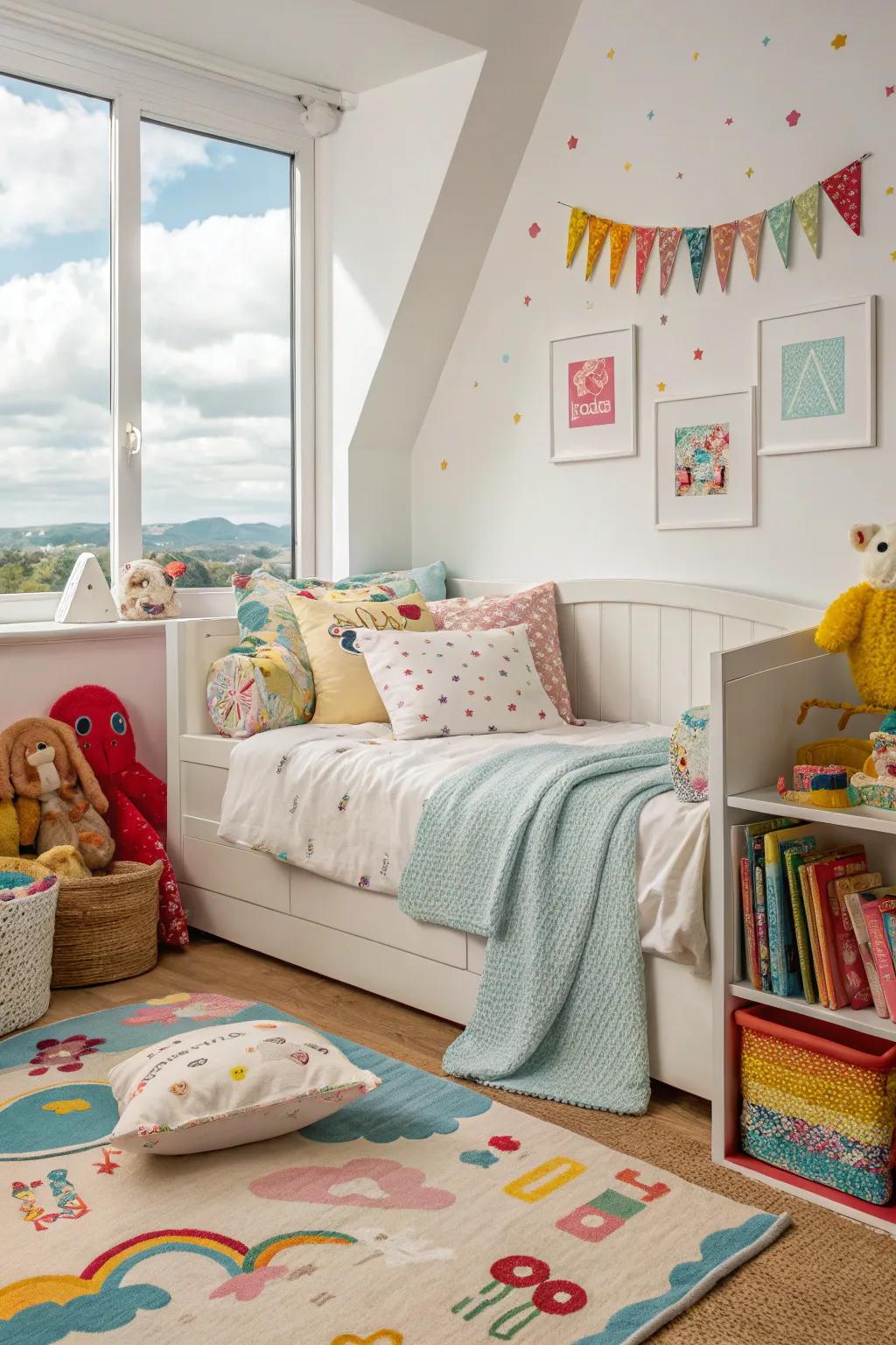 Colorful daybed setup in a child's room for rest and play