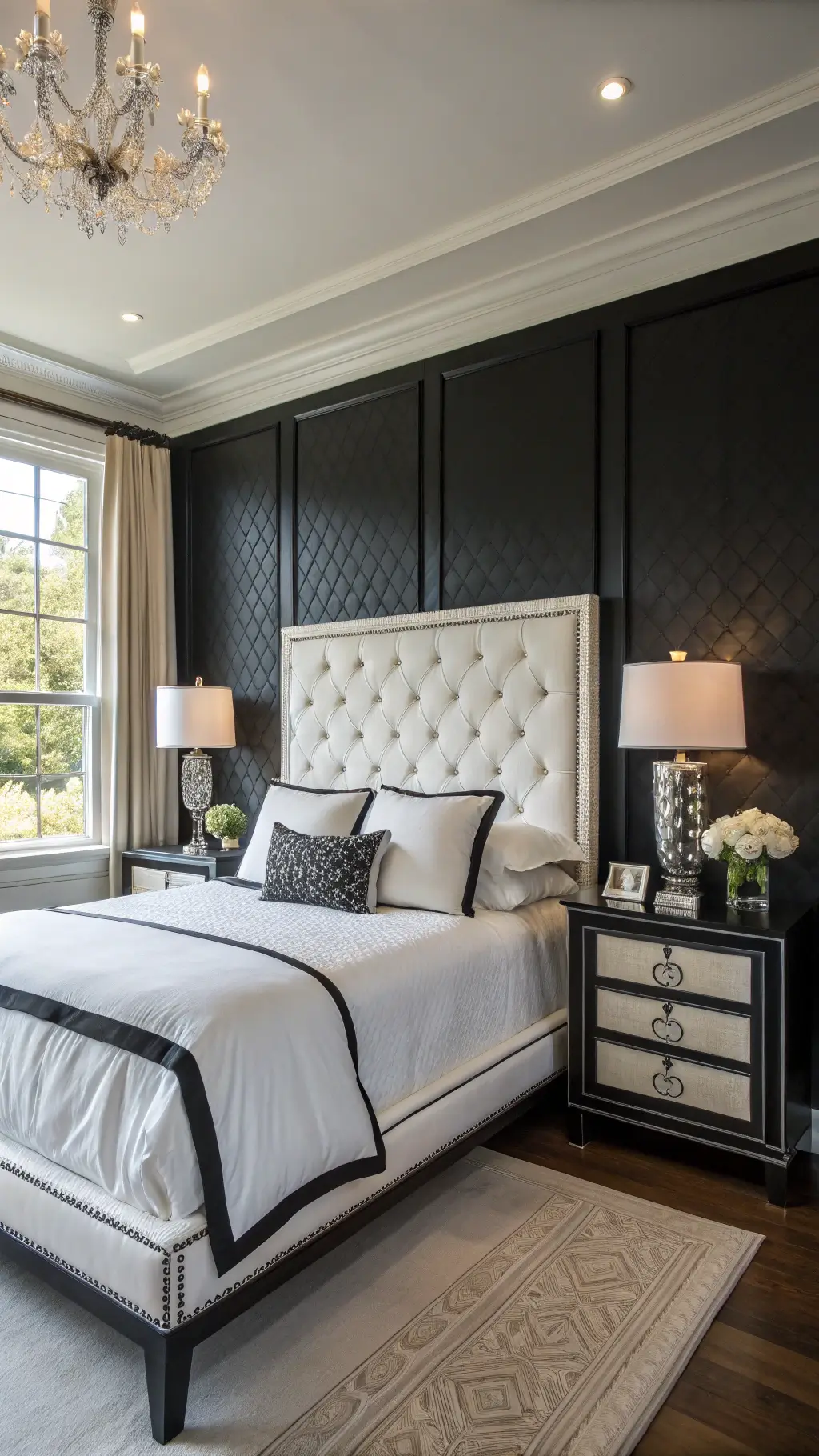 Classic bedroom with black accent wall, white tufted headboard, layered white bedding, crystal lamps, and glossy nightstands illuminated by natural daylight.