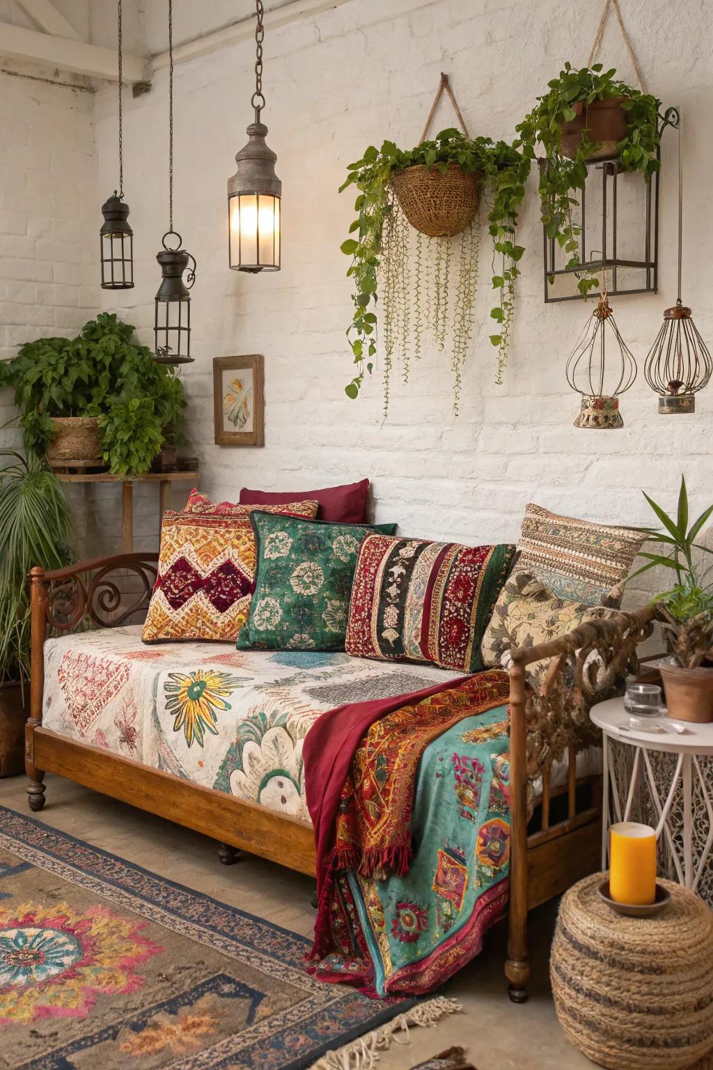 Bohemian daybed with colorful patterns and eclectic decor
