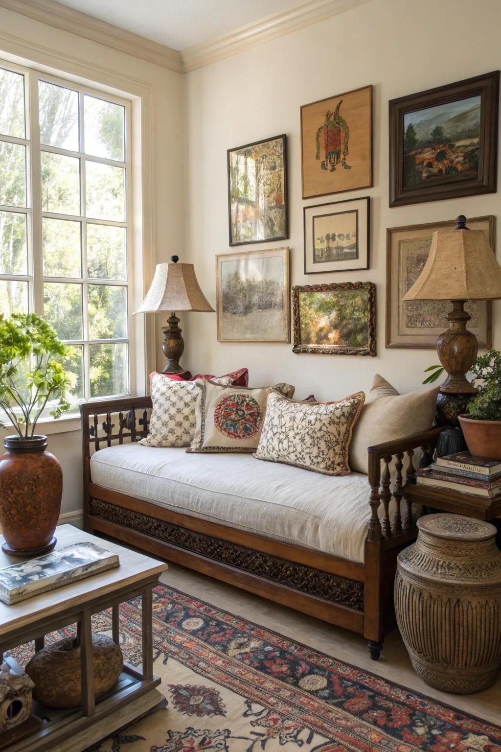 Daybed styled with artistic decor creating a striking focal point