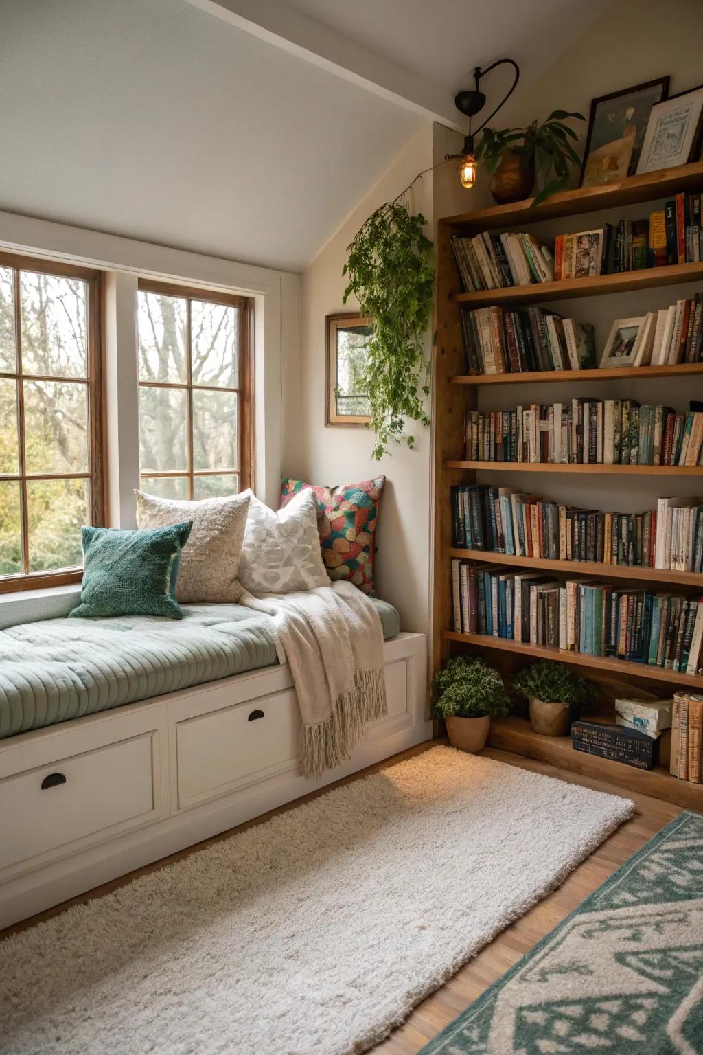 Cozy reading corner with a daybed and bookshelves