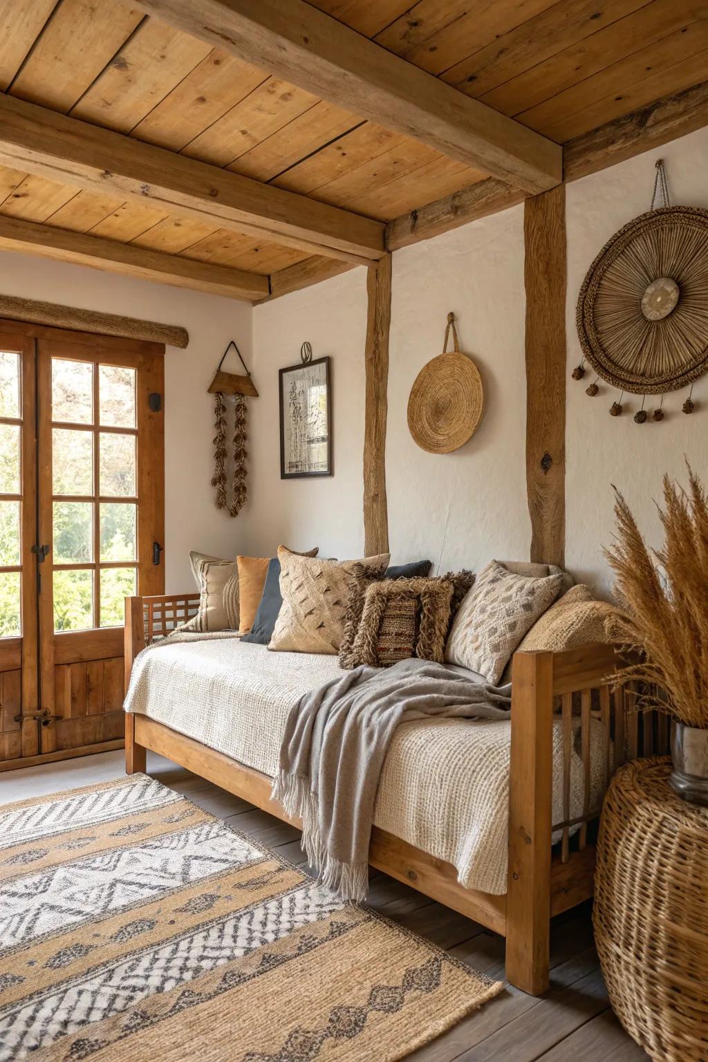 Rustic daybed with natural wood and fibers