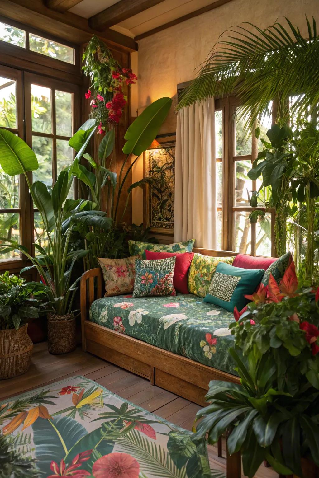 Daybed surrounded by tropical plants creating a lush indoor retreat