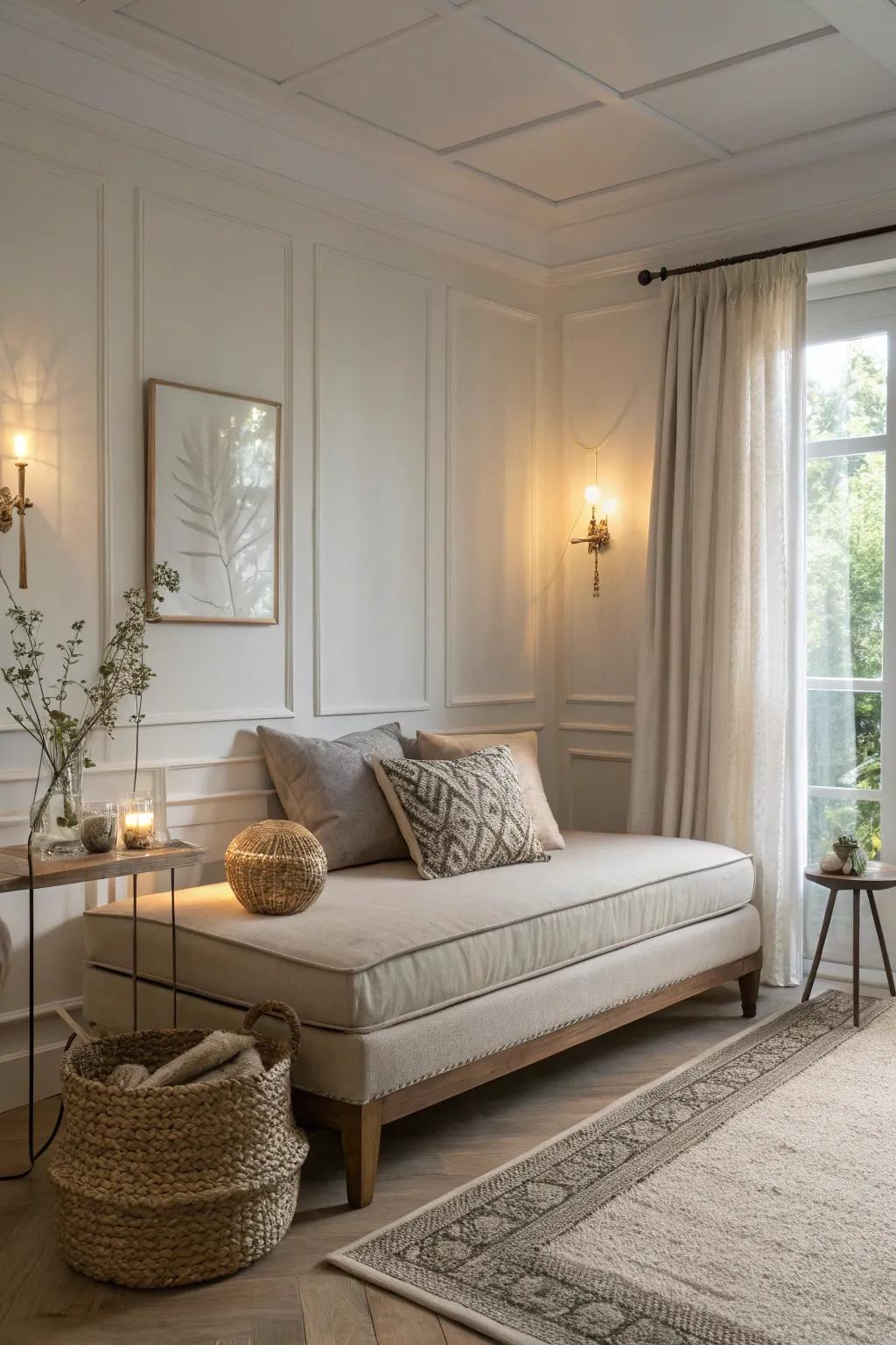Neutral-toned daybed promoting calm and balance