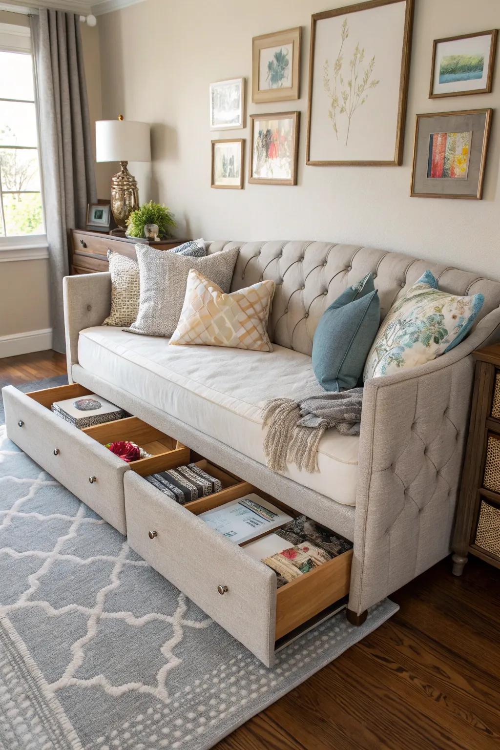 Daybed with built-in storage drawers for organization