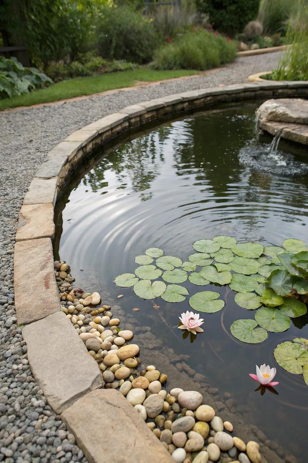 A calming water feature surrounded by natural gravel.