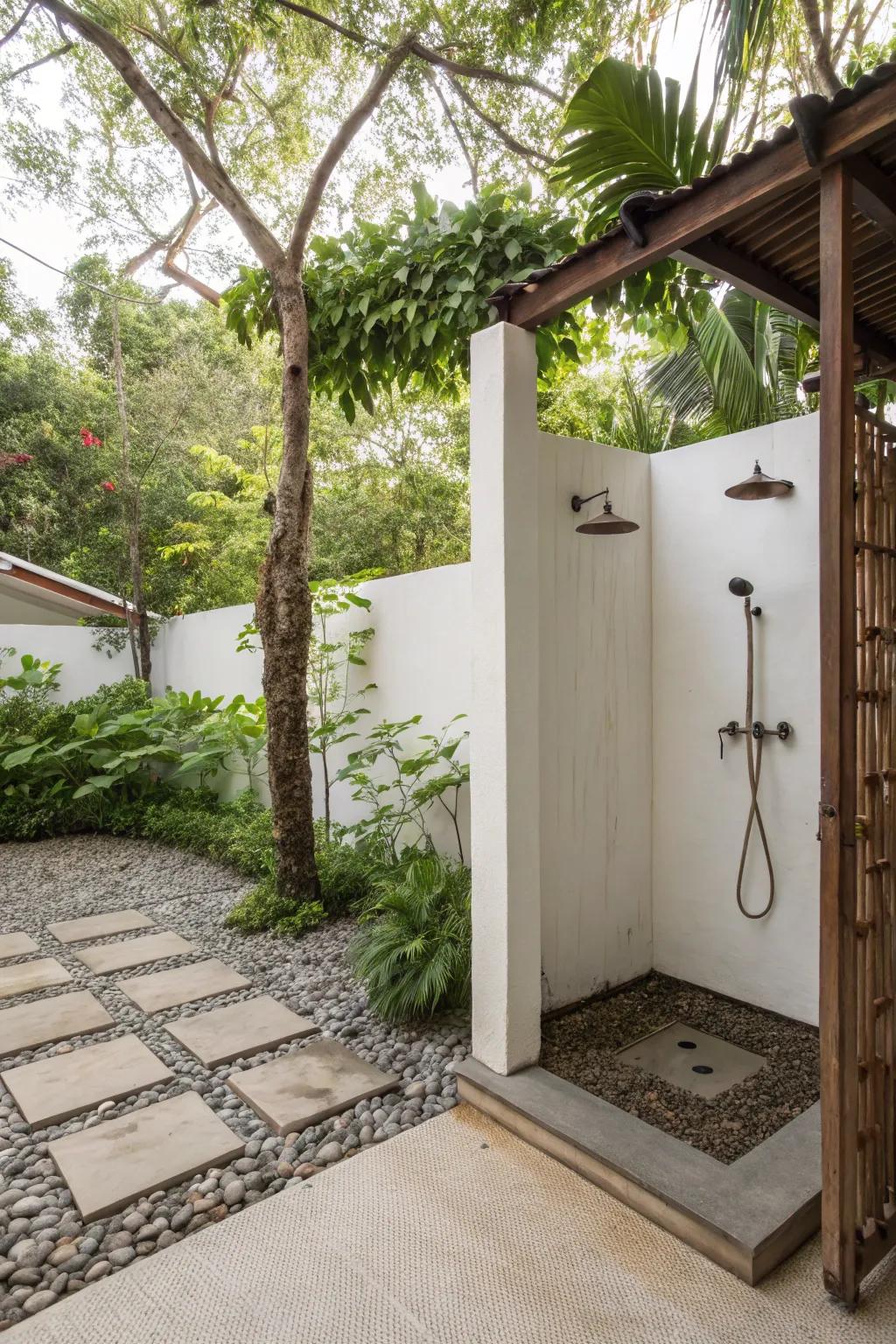 Spa-like outdoor shower area with natural gravel flooring.
