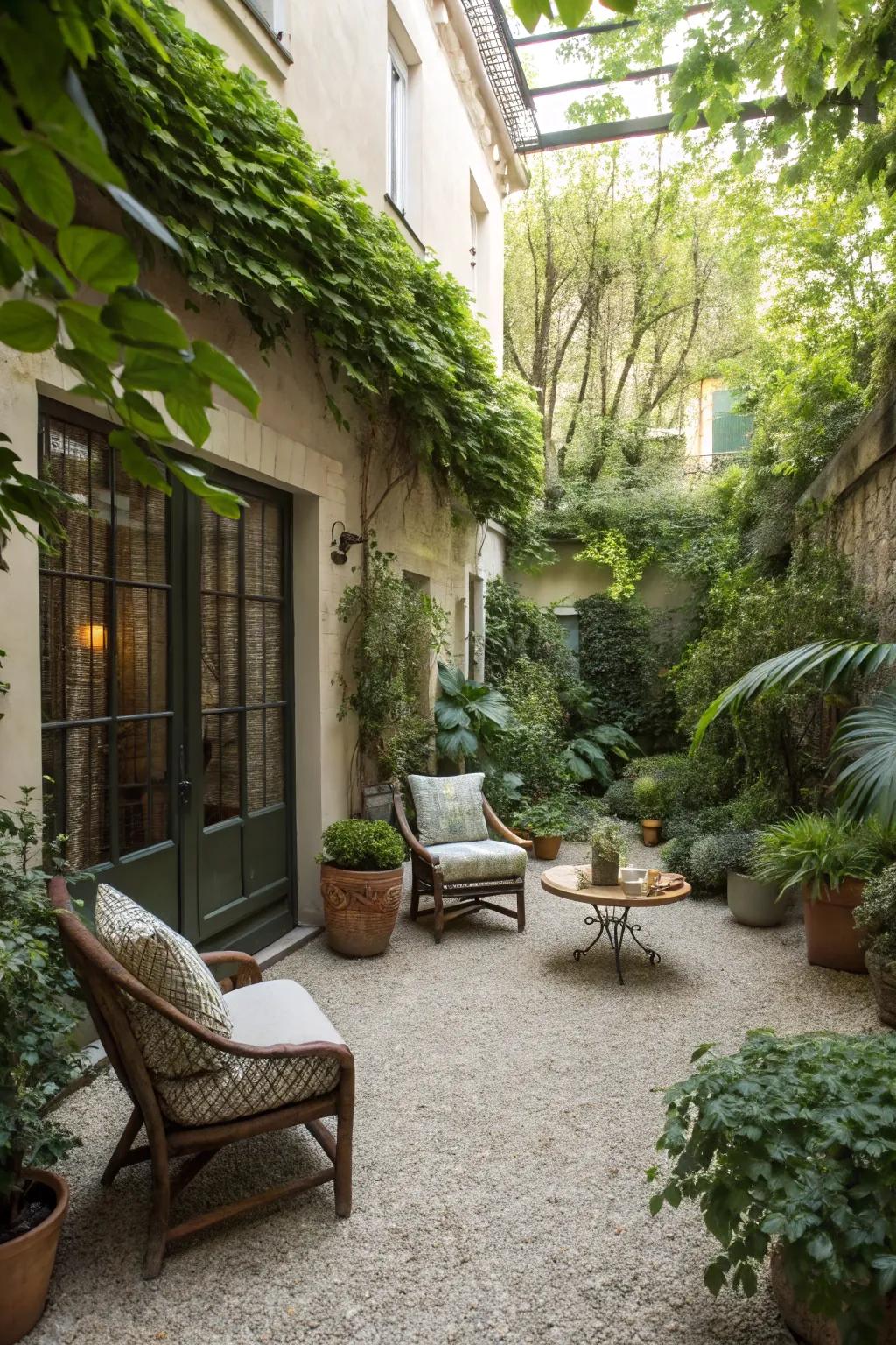Elegant courtyard featuring lush greenery and gravel.