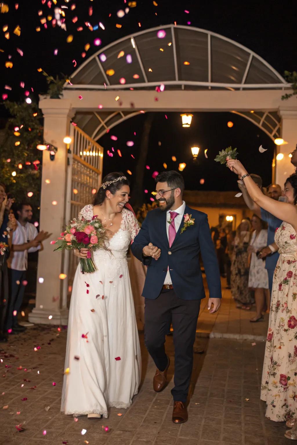 A spectacular wedding exit showered with flower petals.