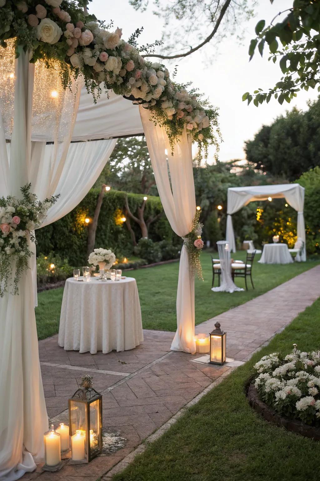 A charming garden wedding setup blending elegance with personal touches.