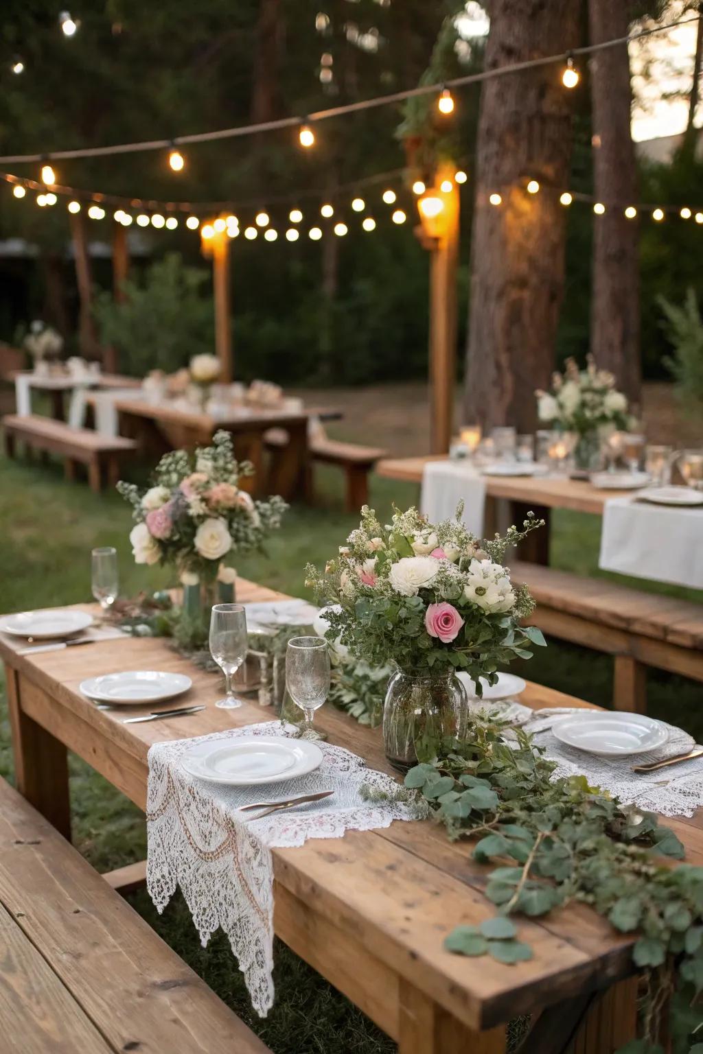 A rustic wedding setup featuring natural wood and earthy accents.