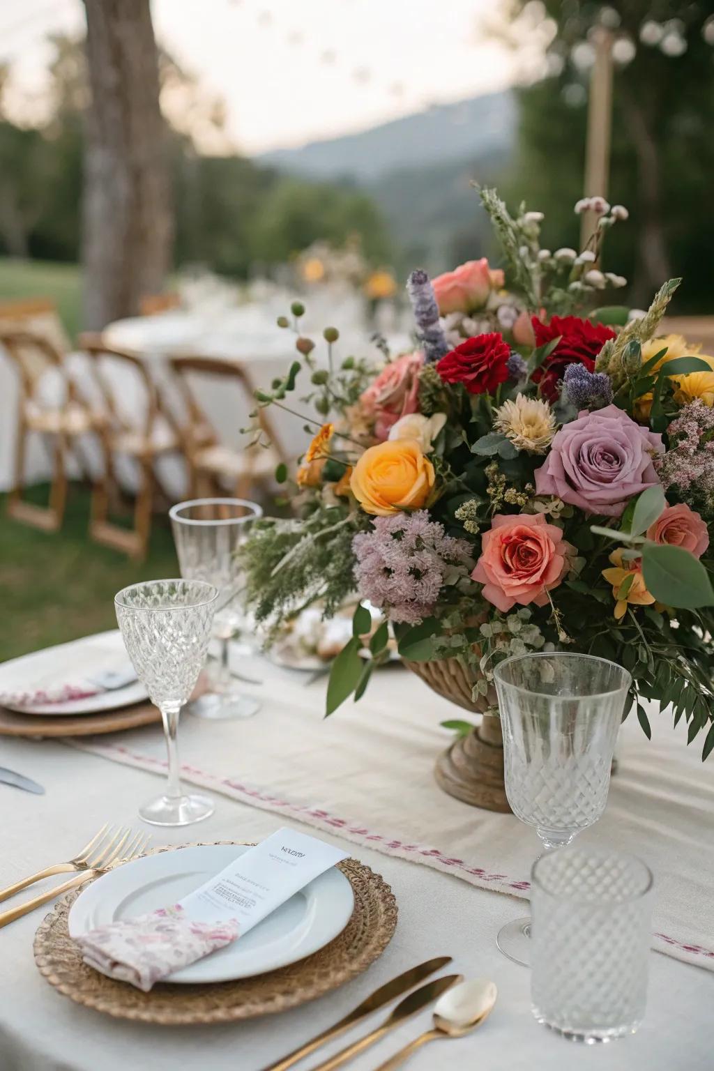 A vibrant floral centerpiece brightening the wedding reception table.