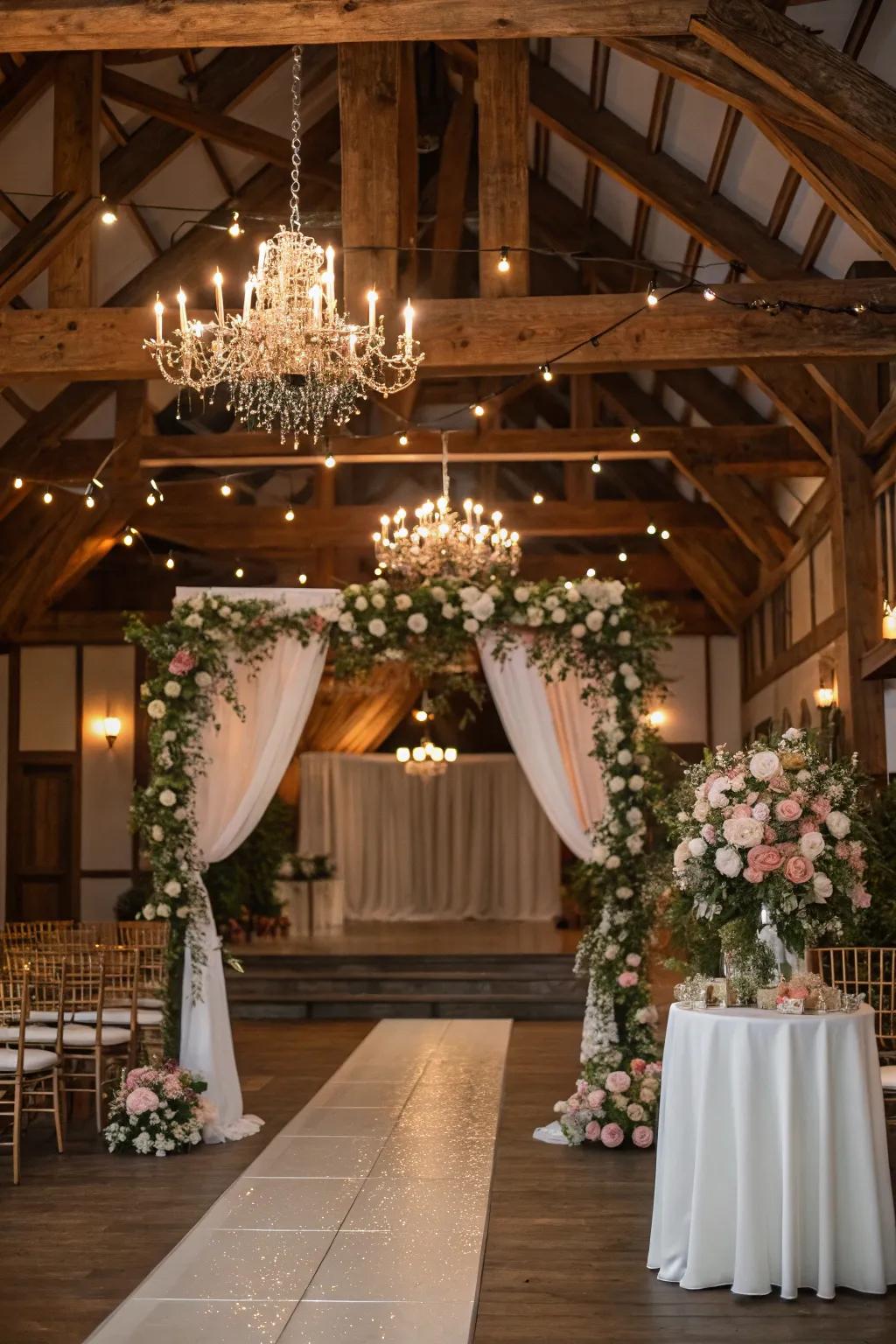A cozy indoor wedding setting featuring rustic charm and soft lighting.