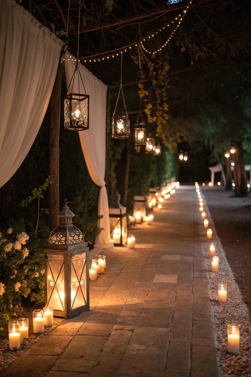 A beautifully lit pathway enhancing the wedding atmosphere and guest safety.