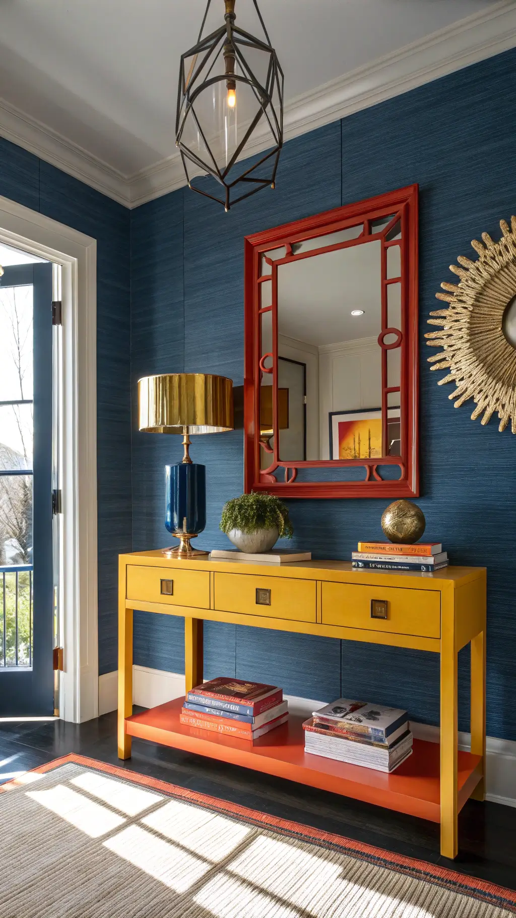 Striking entryway with midnight blue grasscloth wallpaper, yellow-orange console table, red-orange mirror frame, brass fixtures, and sculptural decor illuminated by afternoon sunlight