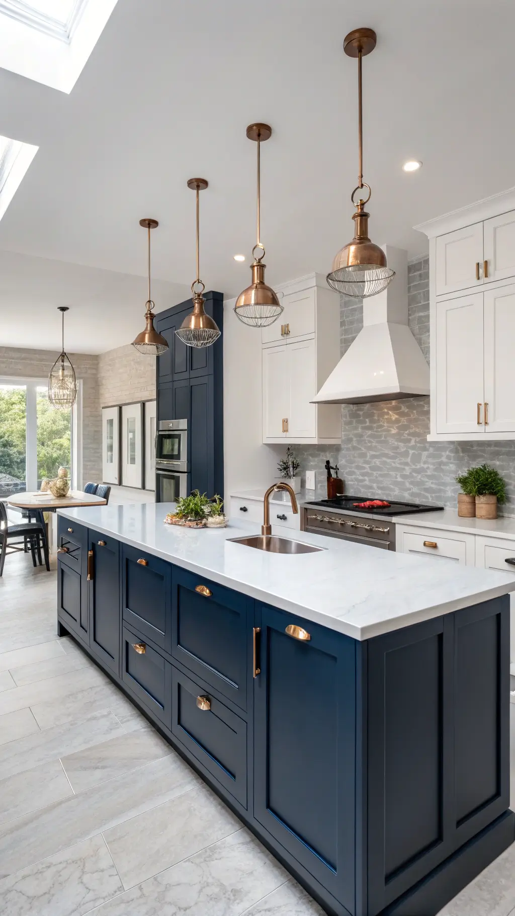 Contemporary navy kitchen with copper fixtures, pendant lighting, white quartz countertops, and artisanal ceramics