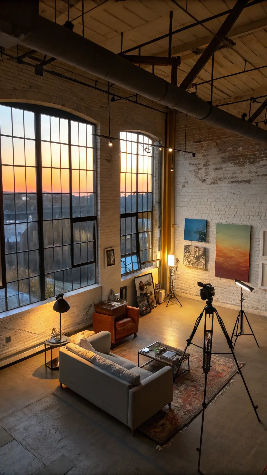 Spacious artist loft with varied lighting, color-blocked walls, industrial windows, neutral furniture, and art supplies during golden hour
