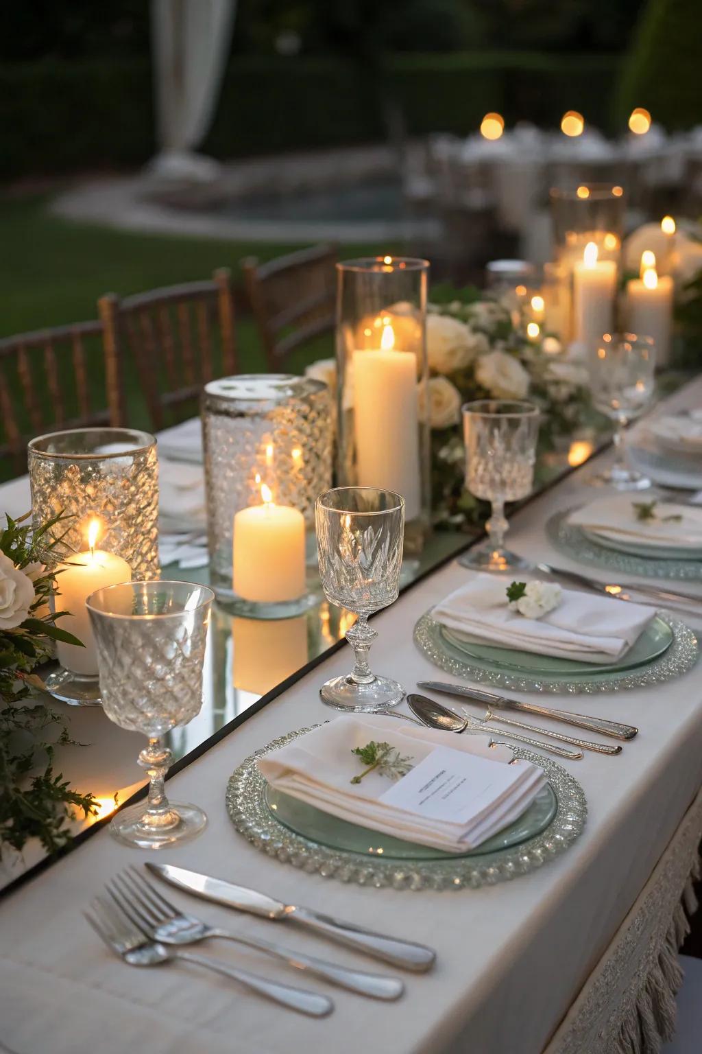 Mirrored table accents create dazzling reflections and depth.