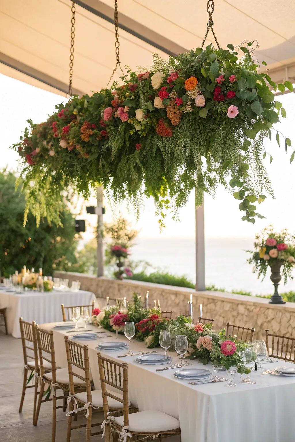 Suspended floral arrangements create a dramatic and memorable impact.