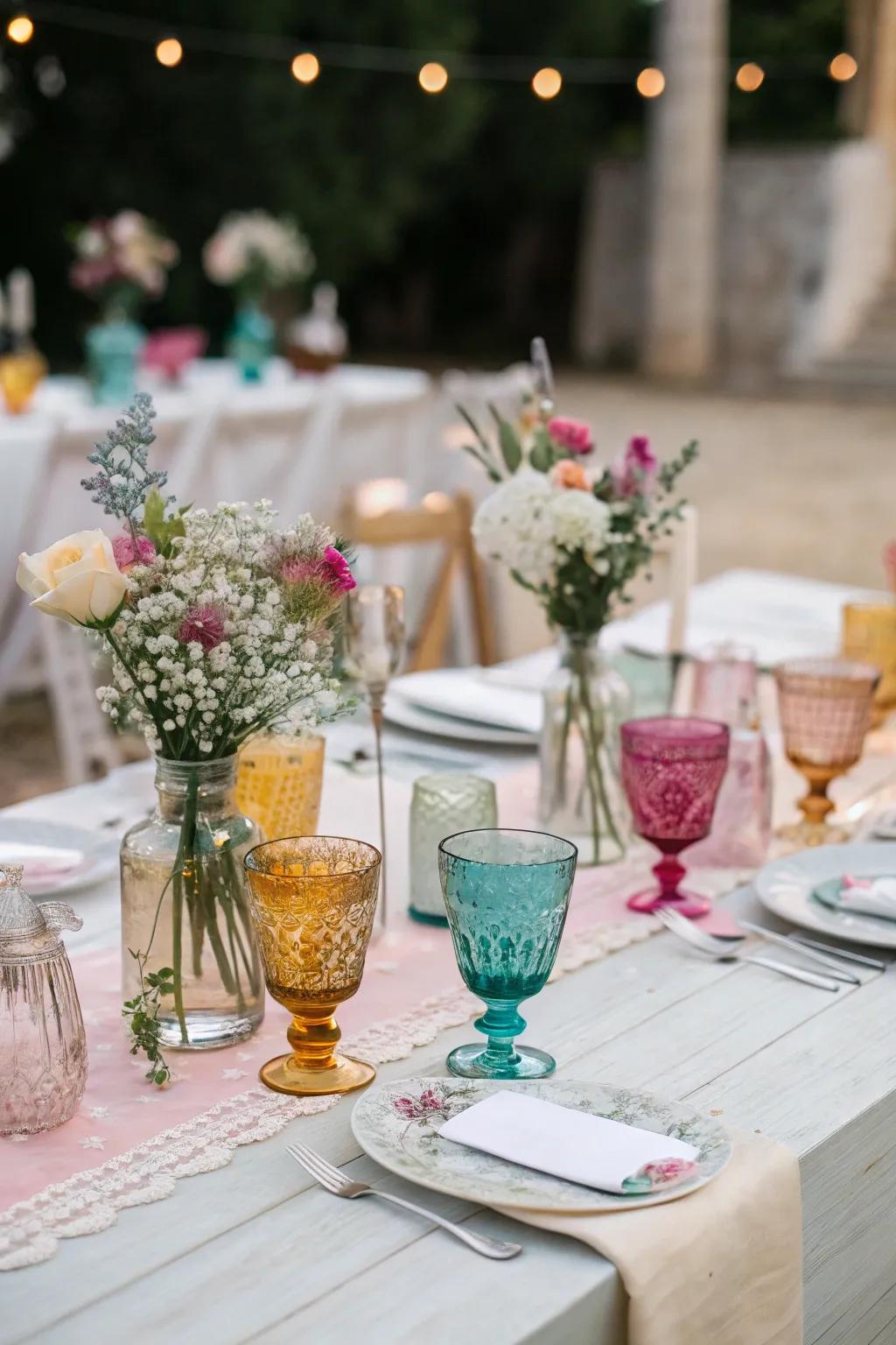 Colorful glassware adds vibrancy and character to the table.