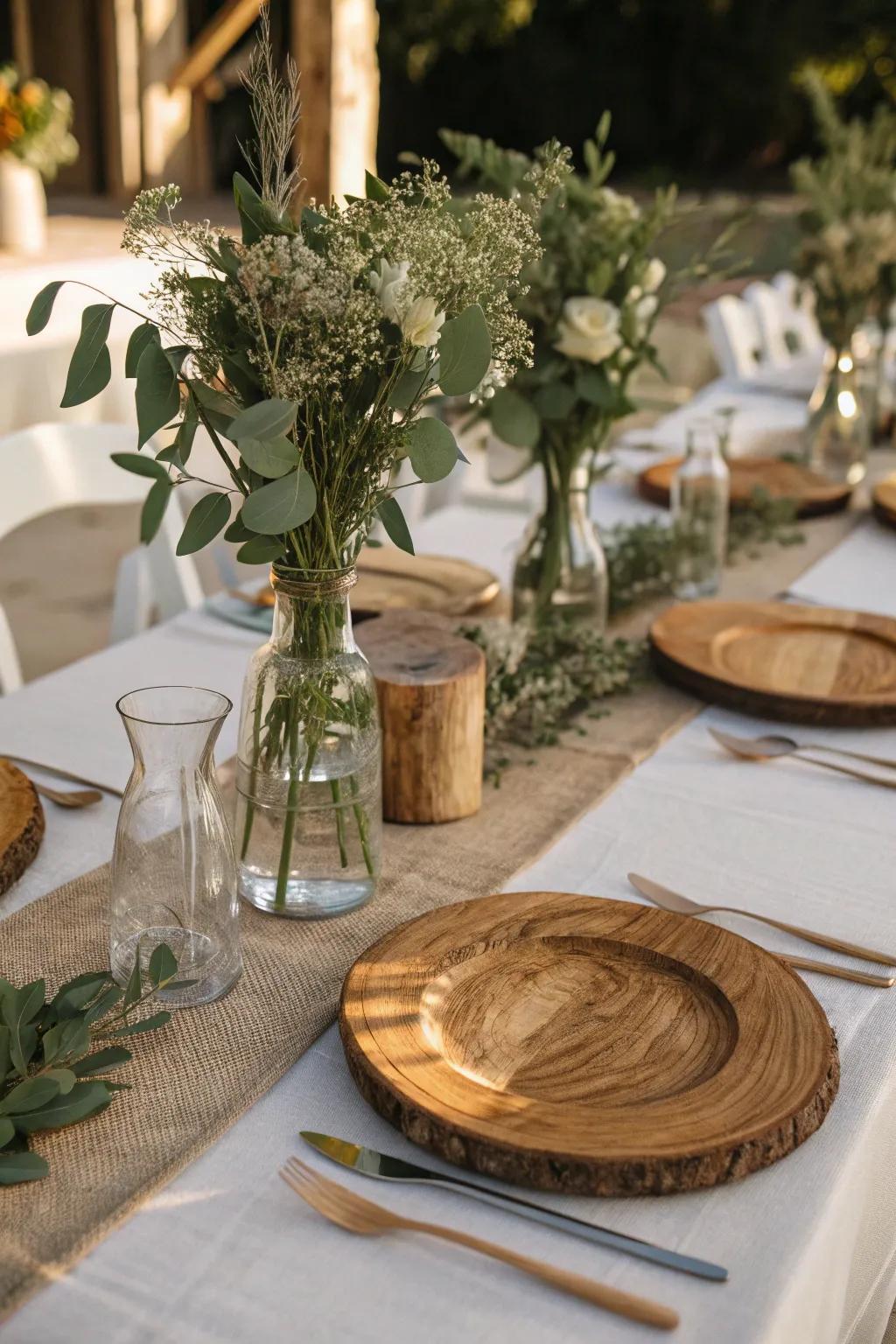 Wooden accents add rustic charm and warmth to the table.