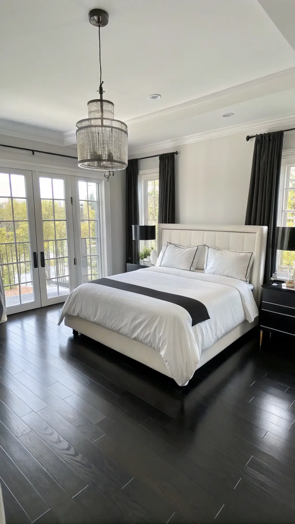 Contemporary white bedroom with glossy black hardwood floors, king-size bed with hotel-style bedding, sheer curtains, and chrome pendant lights, viewed from an elevated wide-angle perspective
