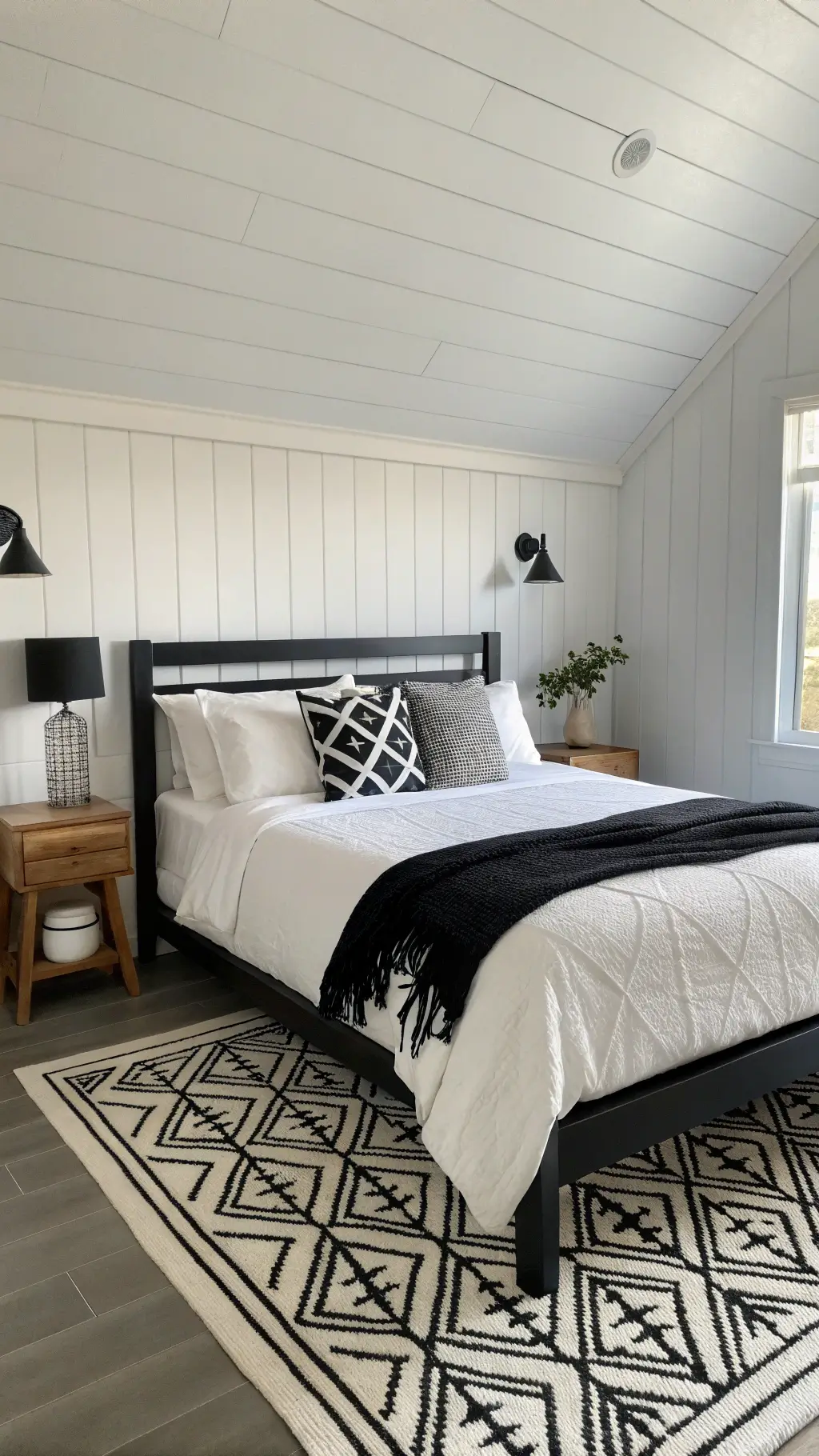 Modern monochrome bedroom with white linen bedding, black bed frame, and floating nightstands illuminated by morning light