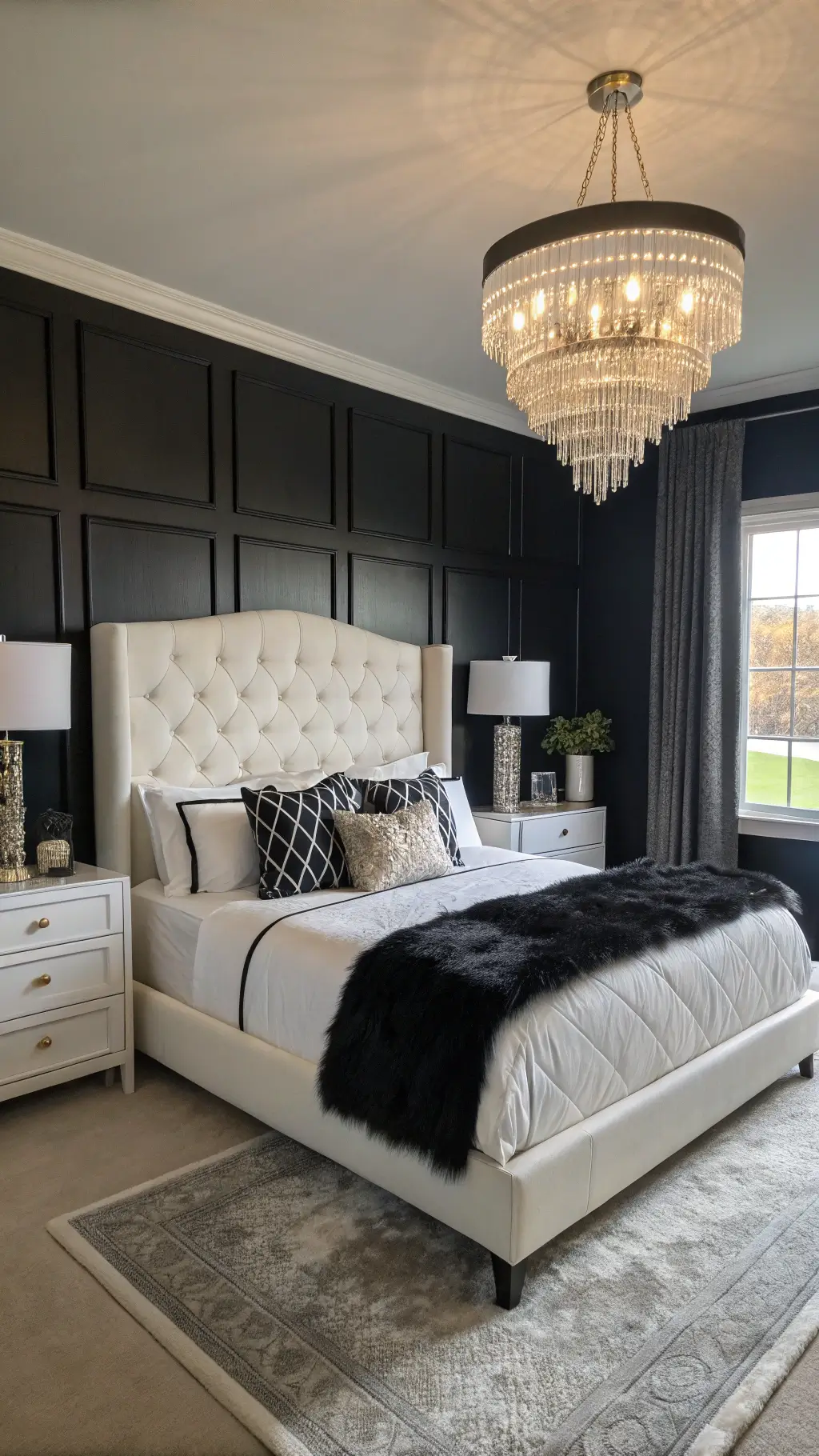 Elegant bedroom at twilight with white queen bed, black accent wall, marble-top nightstands, and crystal chandelier