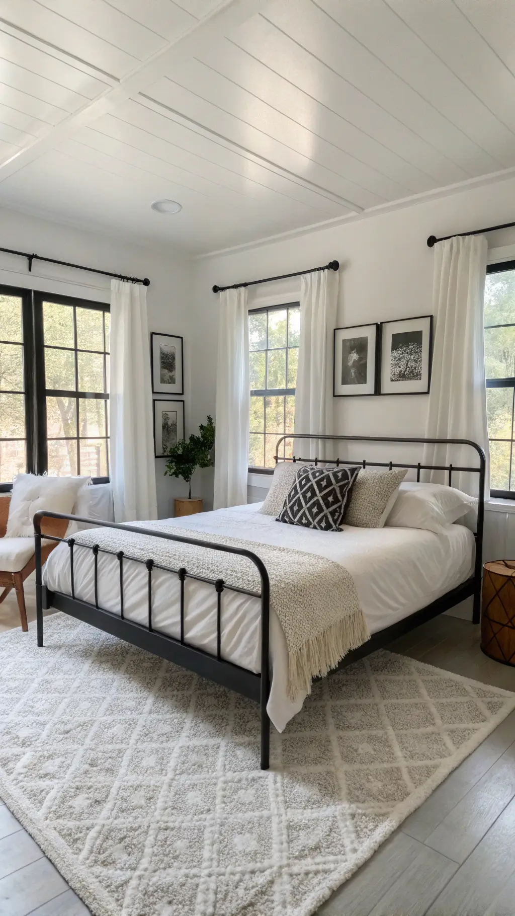Minimalist bedroom with matte black platform bed, white bedding, geometric black pillows, floor-to-ceiling white drapes, black-trimmed windows, abstract black and white wall art, and a textured white boucle chair