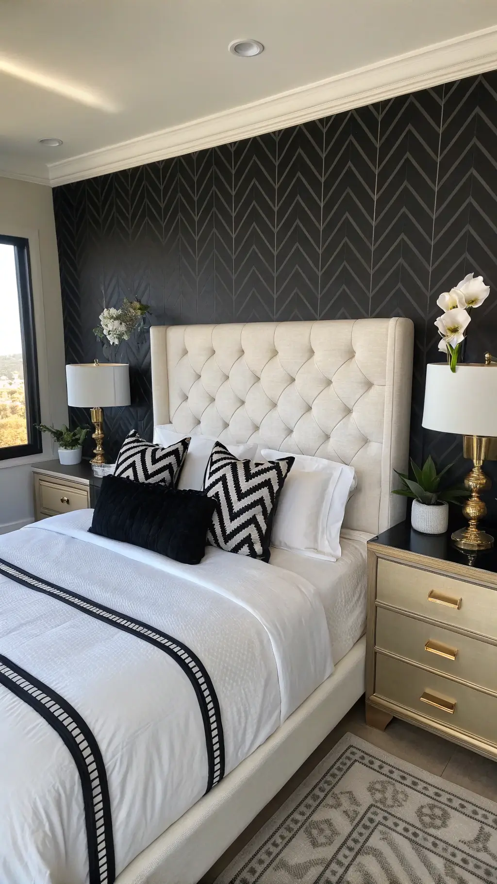 Elegant bedroom at sunrise with black herringbone wallpaper, white tufted king headboard, detailed bedding, brass-accented nightstands, and orchids, shot from an elevated angle
