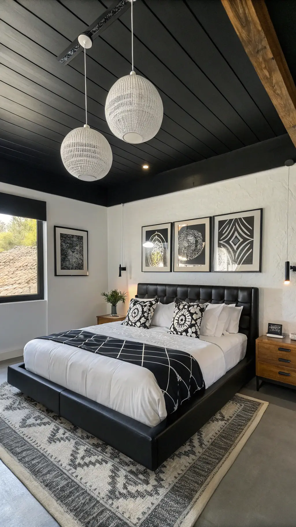 Modern bedroom with black ceiling, white walls, leather low-profile platform bed, geometric throws, pendant lights, and dark abstract art emphasizing room drama